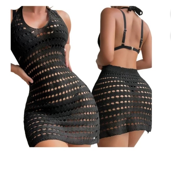 SweatyRocks Women's Backless Halter Dress  Knit BeachCover Up Large Black - Picture 3 of 3